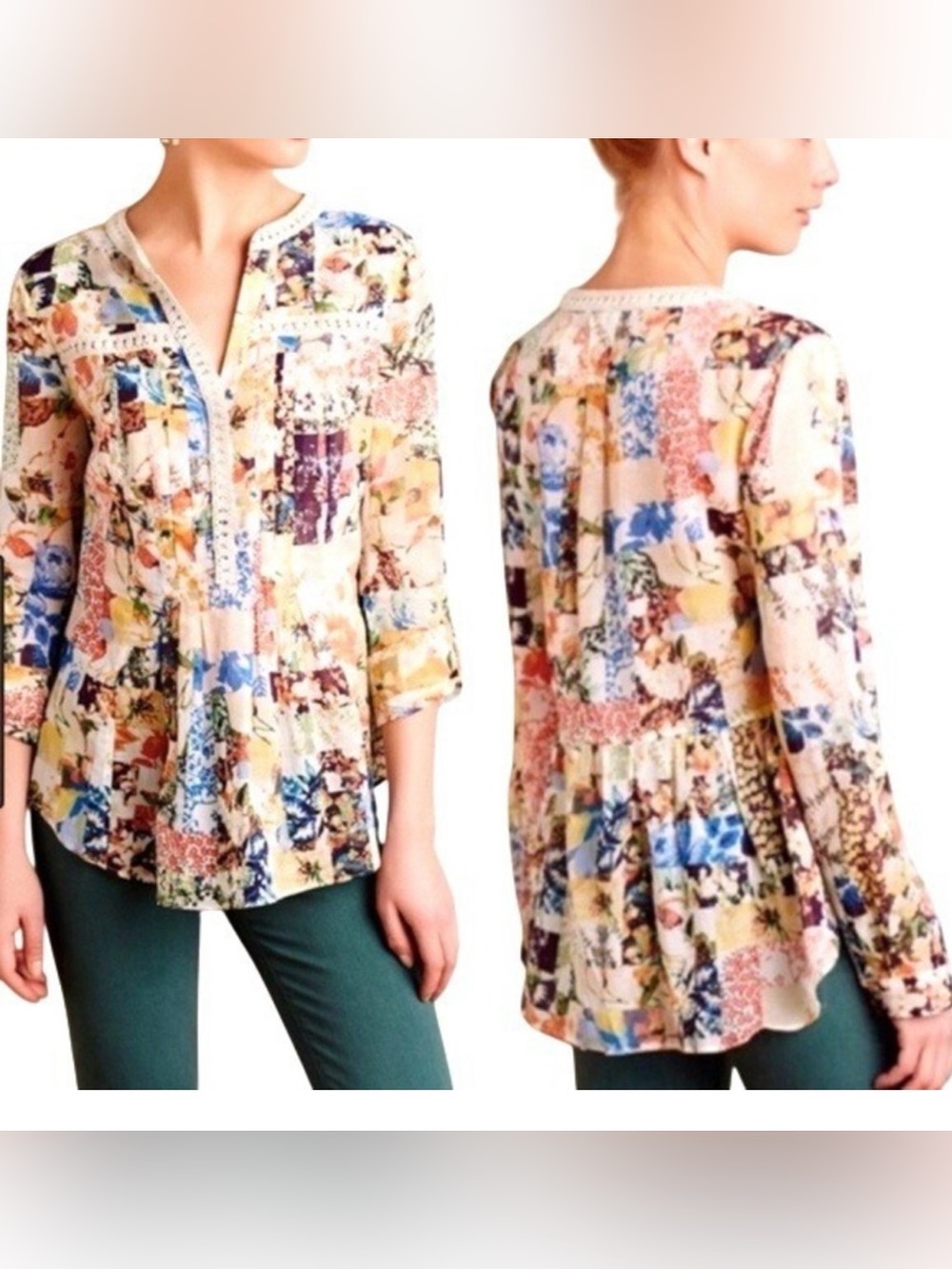 Maeve Abella Floral Patchwork Pin Tuck Cotton Blouse Size 10